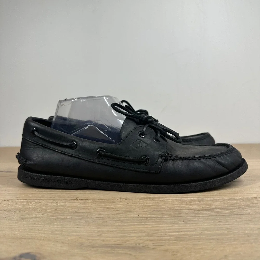 Sperry Top-Sider Boat Shoes Mens 9.5 Black Leather Lace Up Moc Toe Casual Preppy